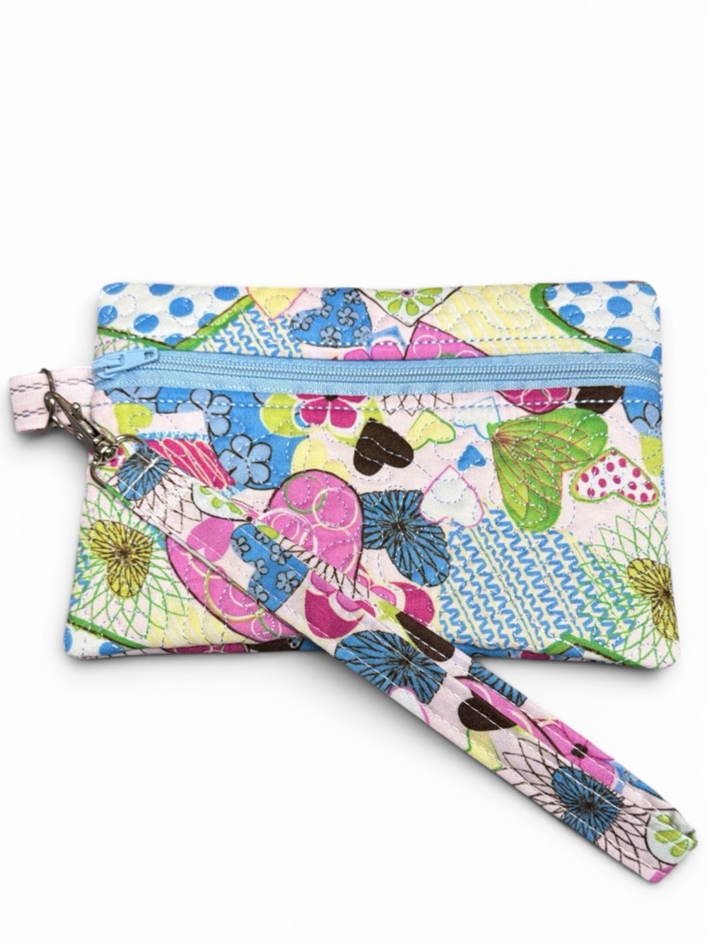 Hand Crafted Zipper Pouch Hearts Blue Pink and Green Zipper Wallet